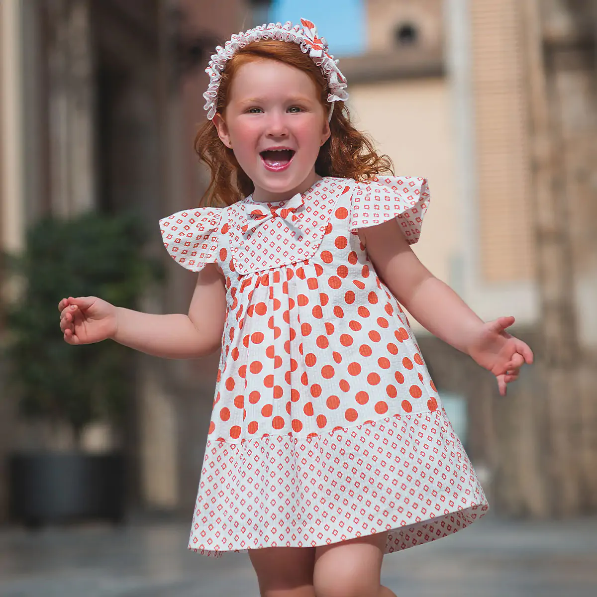 Baby Girls Ivory and Orange Dots Dress