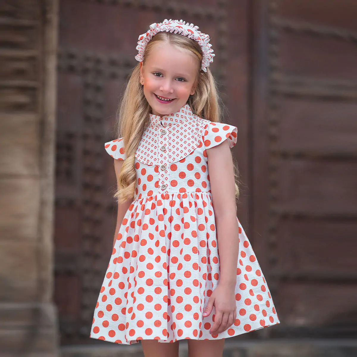 Girls Ivory and Orange Dots Dress
